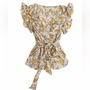 Max Studio Floral Wrap Blouse Flutter Sleeve Tie Waist Cream Women’s M cottage